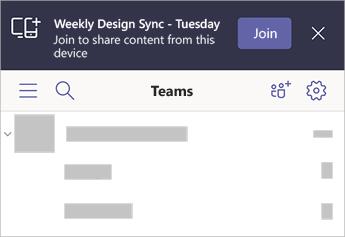 Banner u Teamsu koji govori da je Weekly Design Sync - utorak u blizini s opcijom pridruživanja s vašeg mobilnog uređaja.