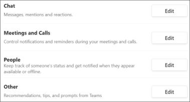 Snimka zaslona postavki obavijesti Teams za chat, sastanke, ljude i ostalo.