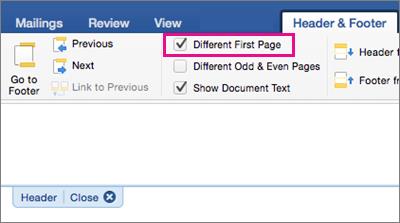 The Different First Page setting is highlighted on the Header&Footer tab.