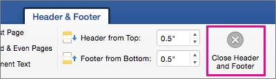 On the Header & Footer tab, Close Header and Footer is highlighted