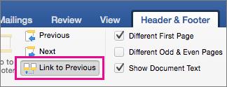 On Header and Footer tab, Link to Previous is highlighted