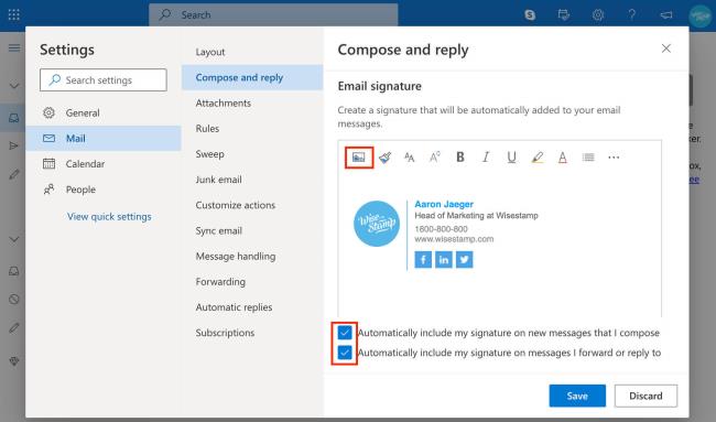 lisää sähköpostin allekirjoitus Outlook 365 -verkkosovelluksessa - lisää kuva tai logo - wisestamp