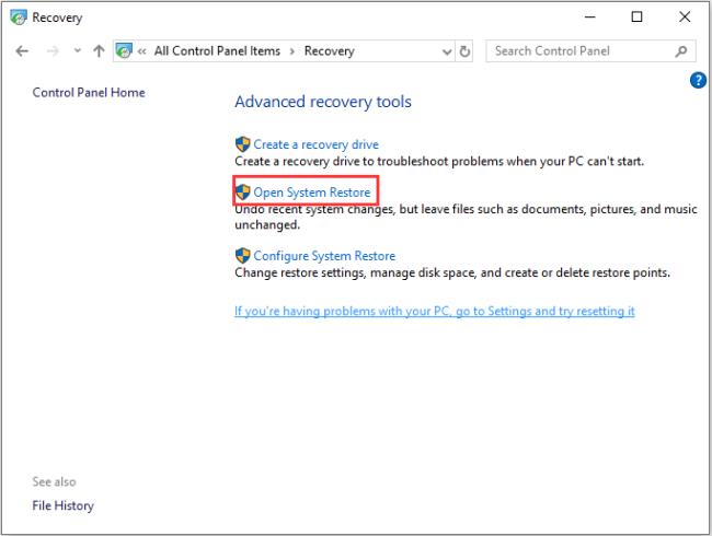 odaberite Open System Restore za nastavak