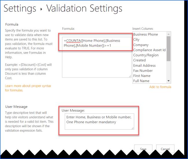 Preverjanje stolpcev seznama Sharepoint vsaj en primer preverjanja stolpcev