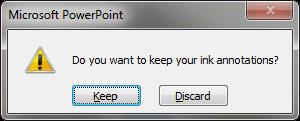 Upit za zadržavanje ili odbacivanje bilješki tintom u PowerPointu.