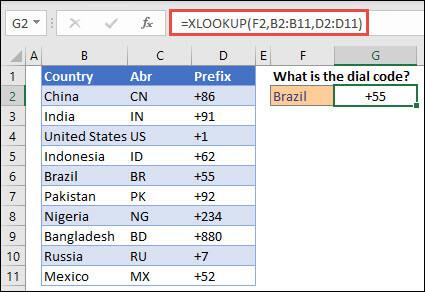 Dæmi um XLOOKUP aðgerðina sem notuð er til að skila starfsmannsnafni og deild byggt á starfsmannsauðkenni. Formúlan er =XLOOKUP(B2,B5:B14,C5:C14).