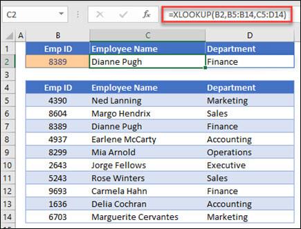 Příklad funkce XLOOKUP použité k vrácení jména zaměstnance a oddělení na základě IDt zaměstnance. Vzorec je: =XLOOKUP(B2;B5:B14;C5:D14;0;1)