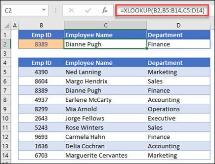 Dæmi um XLOOKUP aðgerðina sem notuð er til að skila starfsmannsnafni og deild byggt á starfsmannskenni. Formúlan er: =XLOOKUP(B2,B5:B14,C5:D14,0,1)