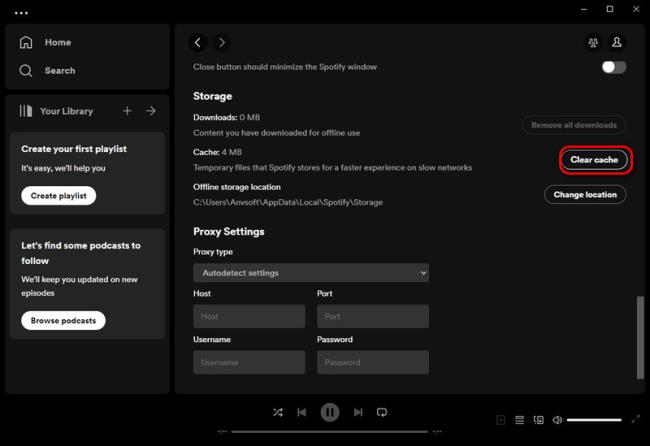Gyorsítótár tisztítása a Spotify Desktopon