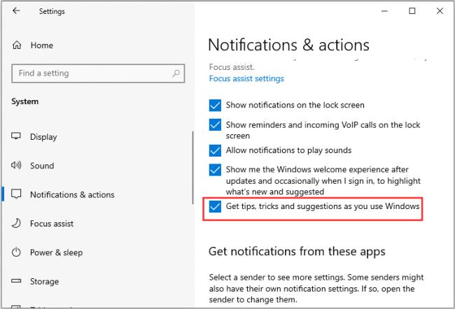 зніміть прапорець Отримувати поради, підказки та пропозиції під час використання Windows