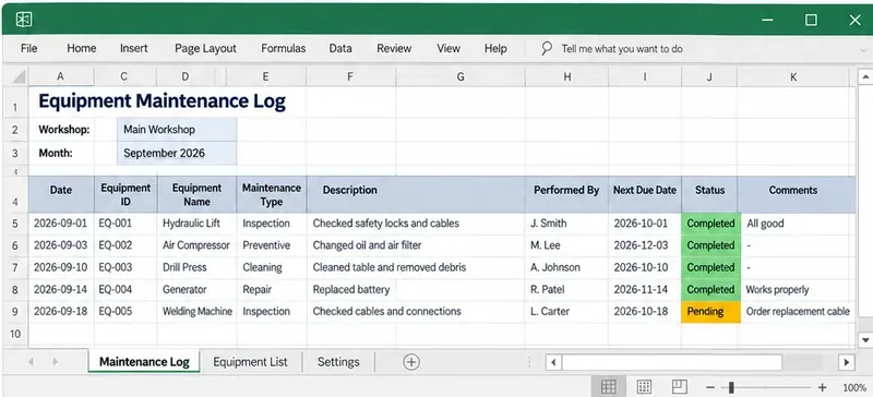 Equipment Maintenance Log Sheet Template in Excel for Workshop Managers