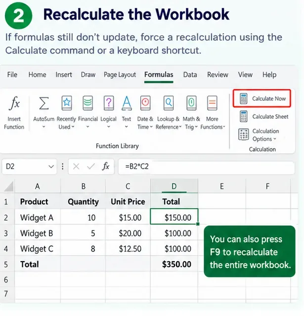 Excel Képletek fül, ahol az Újraszámítás most kiemelve, és egy munkalap összeg