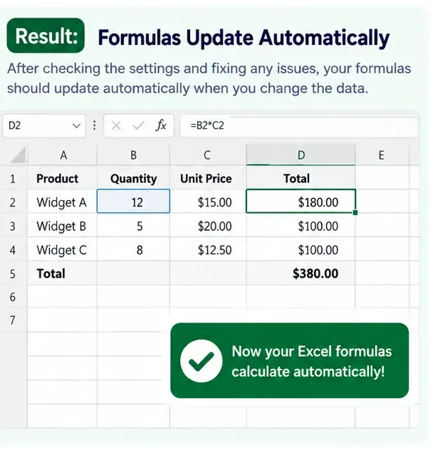 Excel munkalap, amely egy 12-re változtatott mennyiséget és egy automatikusan 180 dollárra frissített összeget mutat