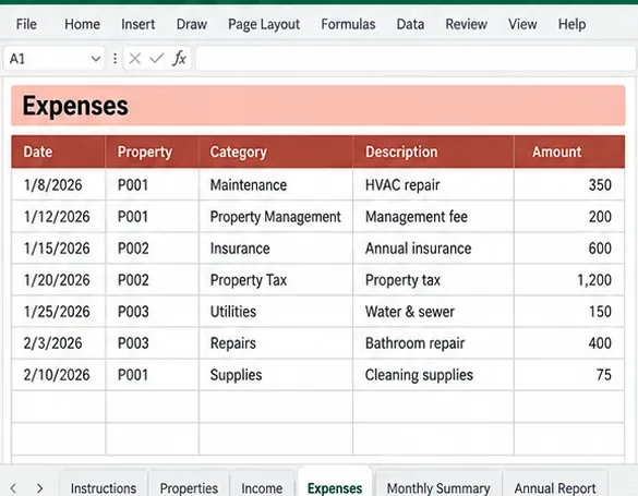 Работен лист Expenses за имоти под наем в стил Excel, изброяващ поддръжка, управление на имоти, застраховка, данък върху имоти, комунални услуги, ремонти и материали
