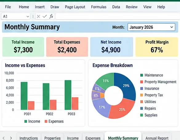 Работен лист Monthly Summary в стил Excel с примерни общи приходи, общи разходи, нетен доход, марж на печалбата, графики и разбивка на разходите