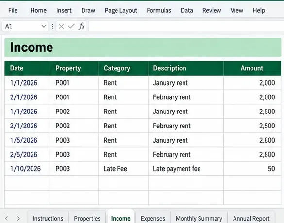 Работен лист Income за имоти под наем в стил Excel с колони за дата, ID на имота, категория, описание и сума