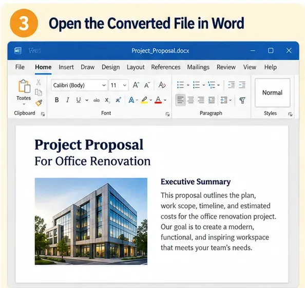 AI-genereret Word-lignende visning af en konverteret PDF åbnet som et redigerbart DOCX-dokument
