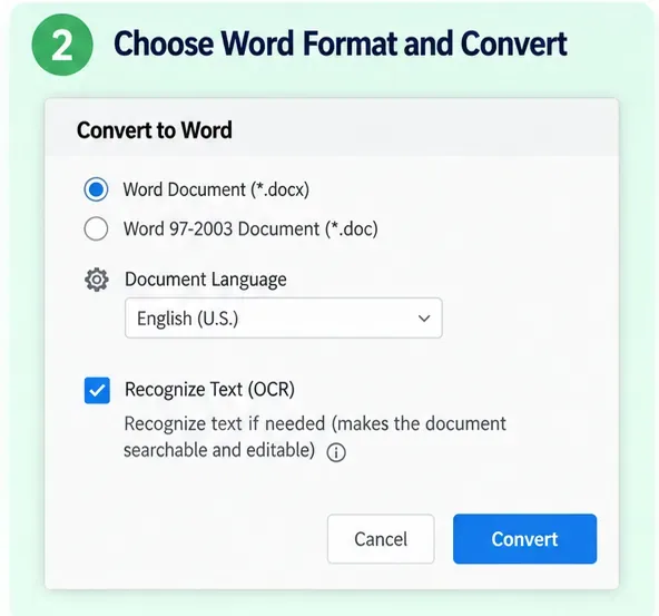 AI-genereret konverteringsdialog, der viser DOCX-valg, dokumentsprog og OCR