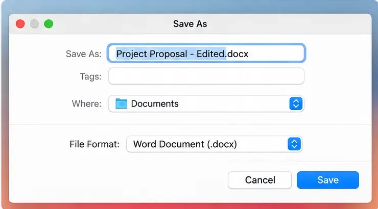 AI-generert macOS Lagre som-dialog som viser et Word-dokument som lagres under et nytt navn