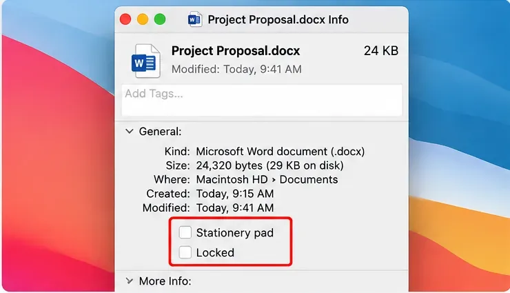 AI-generert illustrasjon av macOS Finder Få informasjon som viser Låst-avkryssningsboksen for et Word-dokument