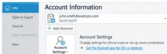 Pantalla d'Informació del compte de l'Outlook clàssic que mostra un compte IMAP/SMTP, Afegir compte i controls de Configuració del compte