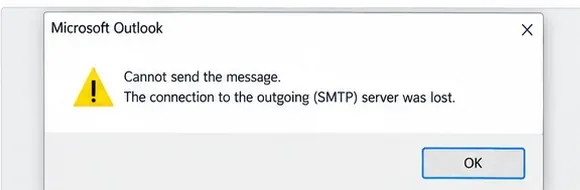 Diàleg d'advertència de Microsoft Outlook que indica que no es pot enviar un missatge perquè s'ha perdut la connexió amb el servidor SMTP de sortida