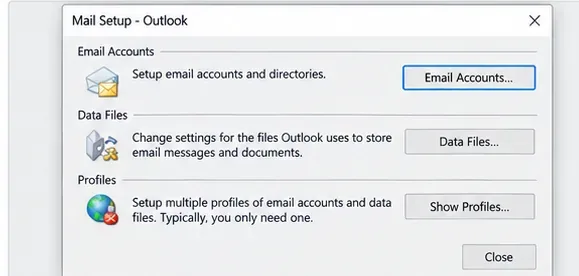 Diàleg de Configuració de correu d'Outlook de Windows que mostra els botons Comptes de correu, Fitxers de dades i Mostrar perfils