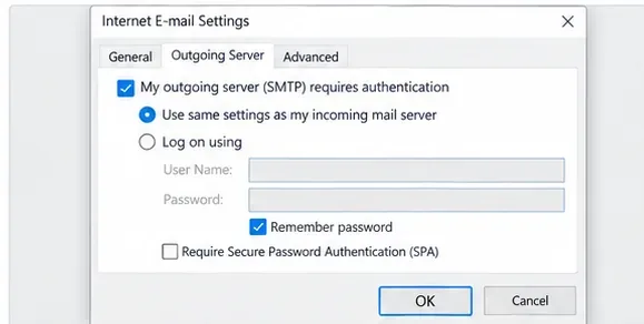 Pestanya Servidor de sortida de la Configuració de correu electrònic d'Internet de l'Outlook clàssic que mostra l'opció El meu servidor de sortida SMTP requereix autenticació