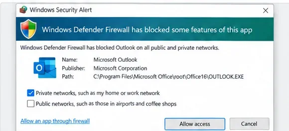 Diàleg d'Alerta de seguretat de Windows que mostra Microsoft Outlook i opcions d'accés del tallafocs per a xarxes privades i públiques