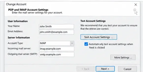 Finestra de Configuració del compte POP i IMAP de l'Outlook clàssic que mostra camps separats per al servidor de correu entrant i el servidor de correu sortida SMTP