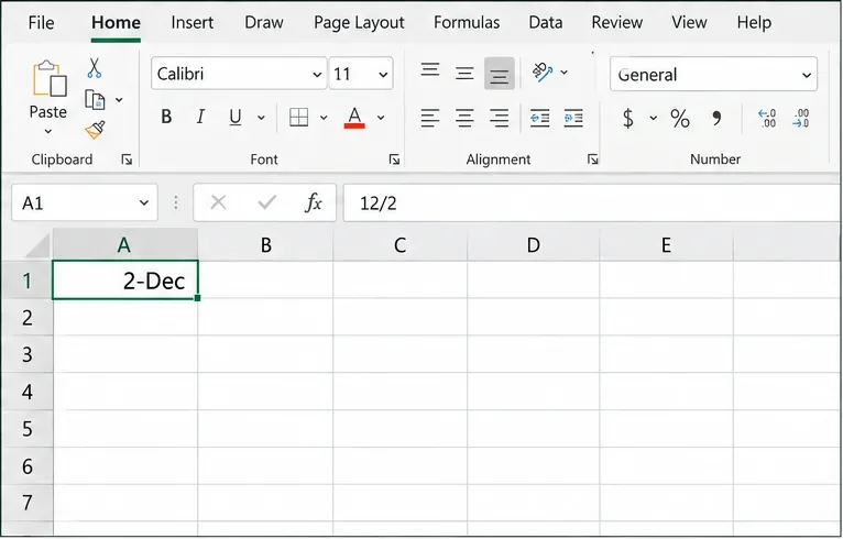 List aplikace Excel zobrazuje v řádku vzorců hodnotu 12/2, zatímco buňka po automatickém převodu data zobrazuje hodnotu 2-Dec