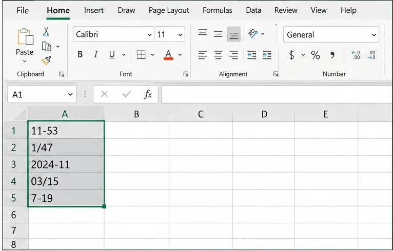 List aplikace Excel s vybraným sloupcem obsahujícím hodnoty podobné datu, například 11-53, 1/47, 2024-11, 03/15 a 7-19