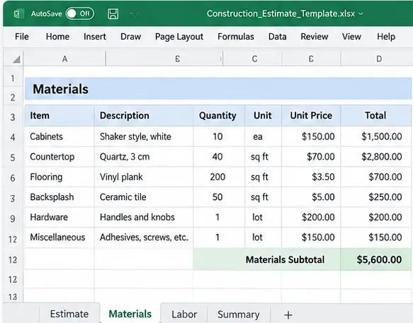 Tulostettava rakennusurakan kustannusarvio Excel-mallipohja pienille urakoitsijoille