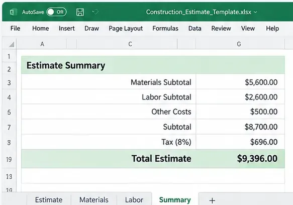 AI-generert byggeprosjekt-tilbudssammendrag i Excel-stil med materialer, arbeidskraft, andre kostnader, delsum, skatt og totaltilbud