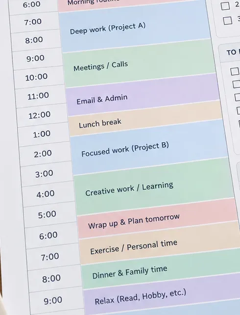 Fuld daglig tidsplan med dybt arbejde, møder, administration, frokost, afslutning og personlig tid