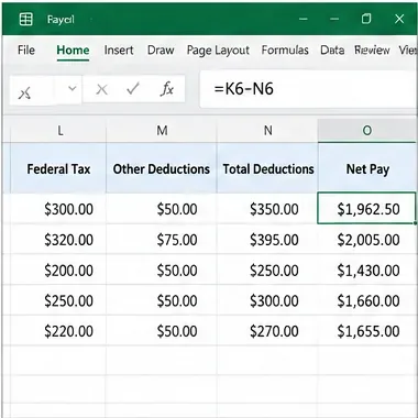 Excel launavinnublað með Alríkis Skattur, Aðrir Frádrættir, Heildar Frádrættir og Nettólaun dálkum
