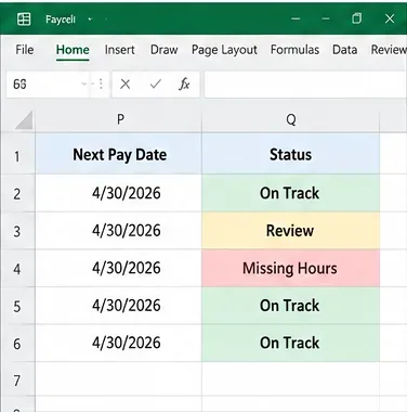 Excel launavinnublað með Næstu Launadagsetningu og litakóðuðum Staða reitum fyrir On Track, Review og Missing Hours