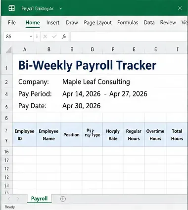 Excel vinnublað með titlinum Bi-Weekly Payroll Tracker með reitum fyrir fyrirtæki, launatímabil, launadagsetningu, starfsmannanúmer, launategund, tímalaun, venjulegar klukkustundir, yfirstundaklukkustundir og heildarklukkustundir