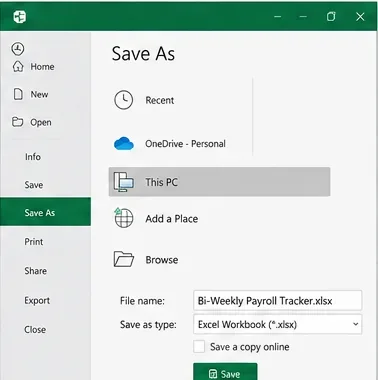 Excel Vista Sem skjár sem sýnir vinnubók með nafninu Bi-Weekly Payroll Tracker.xlsx