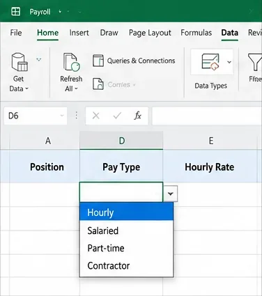 Excel launavinnublað með Launategund fellivalmynd sem sýnir valkostina Tímalaun, Mánaðarlaun, Hluta-tíma og Verktaki