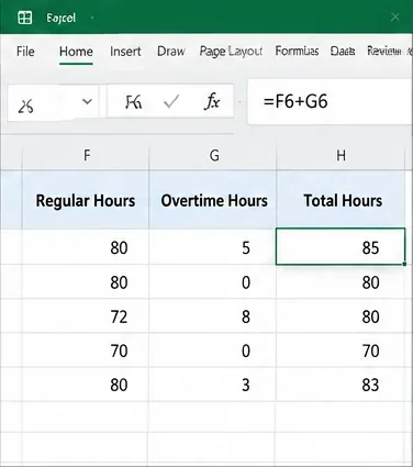 Excel vinnublað sem sýnir Venjulegar Klukkustundir, Yfirstundaklukkustundir og Heildarklukkustundir með heildarklukkustunda formúlu
