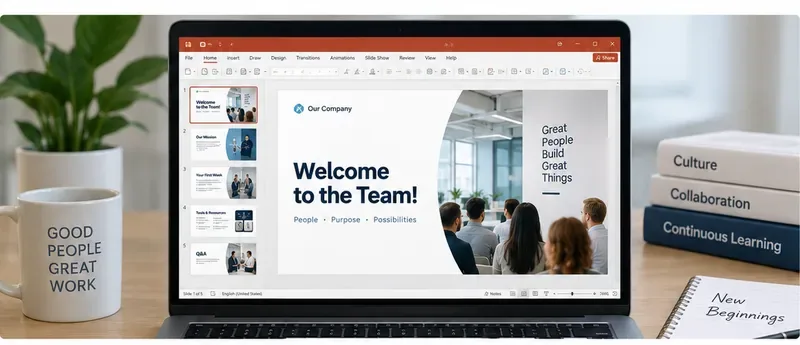 Enkel onboarding-presentation för nya medarbetare: Praktisk 12-slide-blåskiss